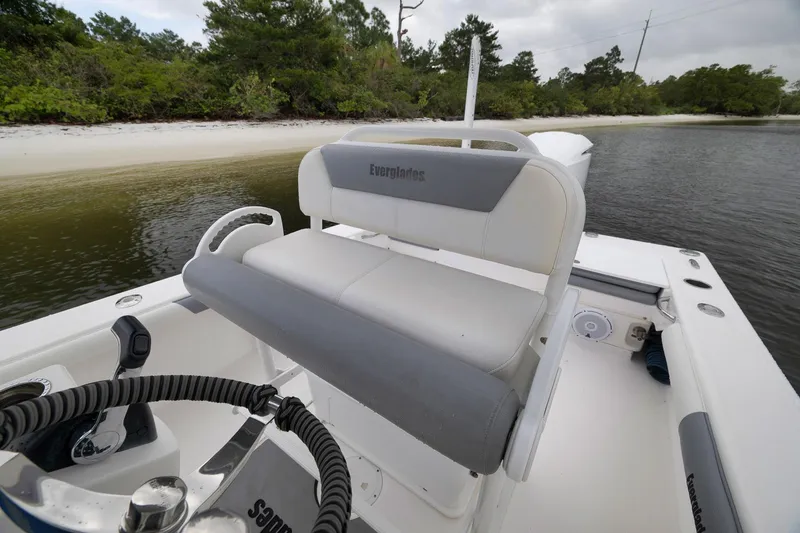 Slide: The Image of 2018 Everglades 243 Center Console boat near a sandy shoreline with lush greenery. - 37