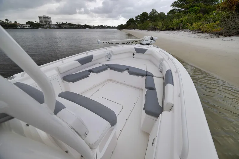 Slide: The Image of 2018 Everglades 243 Center Console boat docked on a sandy shoreline. - 43