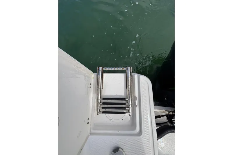Slide: The Image of 2020 Robalo R272 Center Console boat ladder above water. - 34