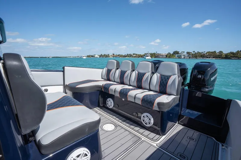 Slide: The Image of 2014 Midnight Express 37 Open boat interior with stylish seating and scenic ocean view. - 29
