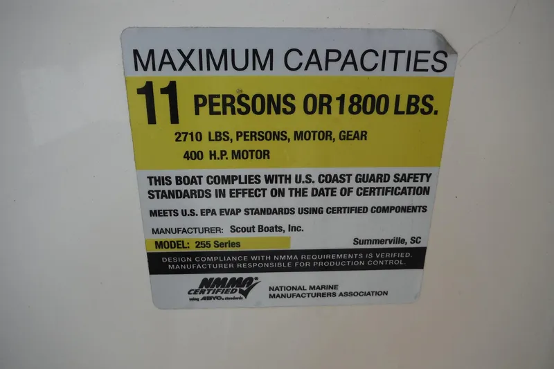 Slide: The Image of Capacity label for 2017 Scout 255 Dorado, 11 persons or 1800 lbs, 400 HP motor. - 30