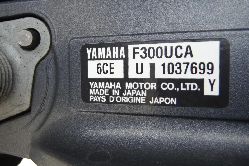 Slide: The Image of Yamaha F300UCA engine label on 2017 Scout 255 Dorado, made in Japan. - 43