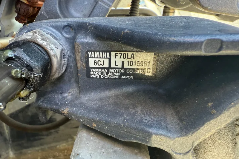 Slide: The Image of Close-up of Yamaha F70LA motor label on a 2012 SunCatcher LV 228 Cruise. - 17