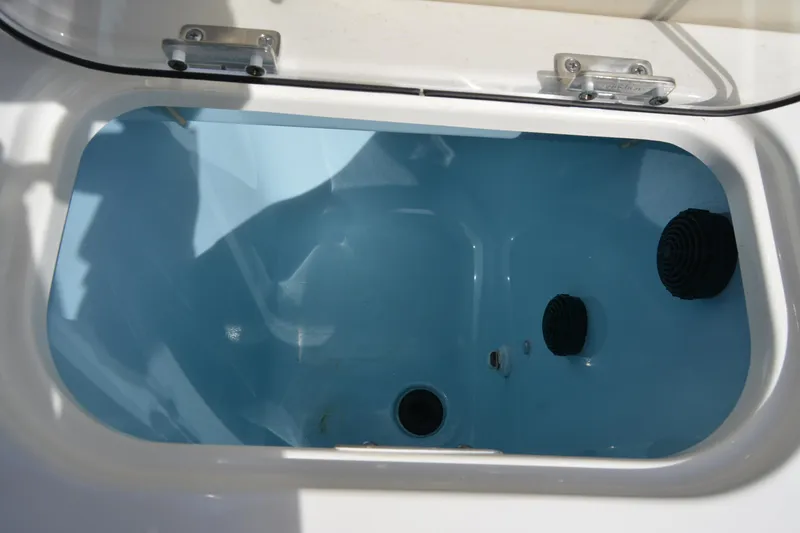 Slide: The Image of Livewell compartment in a 2021 Boston Whaler 270 Dauntless boat, featuring a blue interior. - 50
