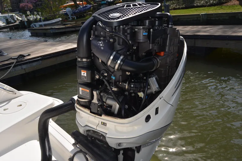 Slide: The Image of 2021 Boston Whaler 270 Dauntless outboard motor at dockside. - 60