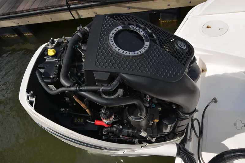 Slide: The Image of Boston Whaler 270 Dauntless 2021 boat engine, detailed view of motor components. - 62