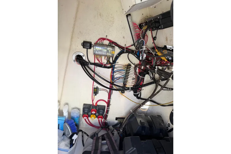 Slide: The Image of Electrical wiring setup in a 2020 Tideline 235 Hybrid boat. - 59