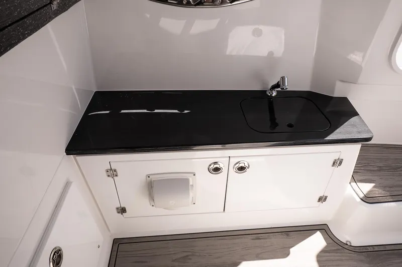 Slide: The Image of 2026 Monterey Elite 25 OB boat interior with sleek black countertop and modern sink design. - 20