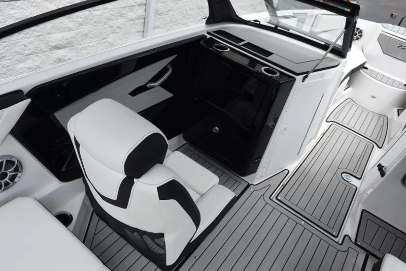Slide: The Image of 2026 Yamaha Boats 222S interior with sleek seating and modern dashboard design. - 9