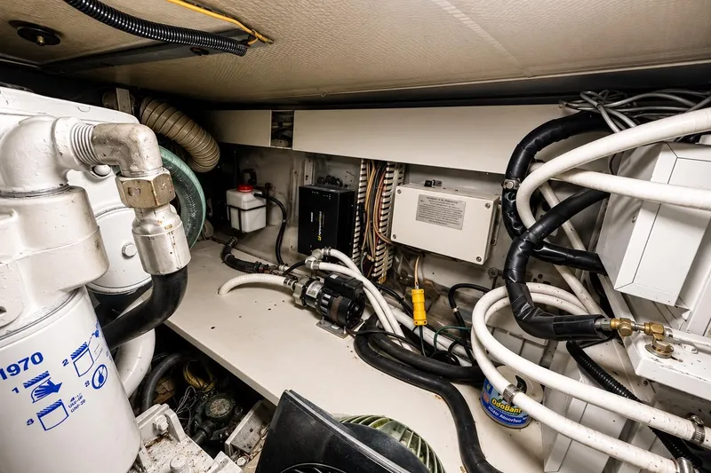Slide: The Image of Engine room of 1995 Ocean Yachts 42 Super Sport, showcasing mechanical components and wiring. - 53