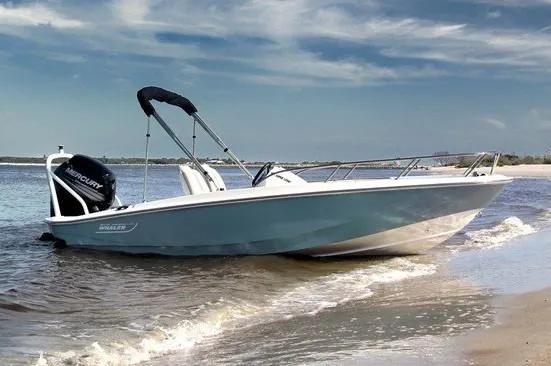 Slide: The Image of Manufacturer Provided Image: 2026 Boston Whaler 160 Super Sport boat on sandy beach with clear sky. - 2
