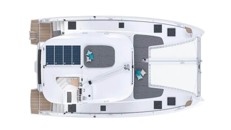 Slide: The Image of Top view of 2025 Lagoon 38 catamaran with solar panels and spacious deck layout. - 88
