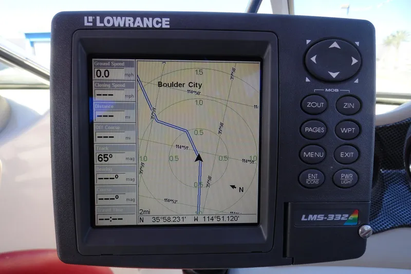 Slide: The Image of Lowrance GPS display on 2000 Glastron GX 205, showing navigation near Boulder City. - 9