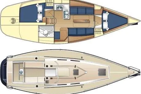 Slide: The Image of 2004 J Boats J/109 sailboat layout with interior and deck plan. - 13