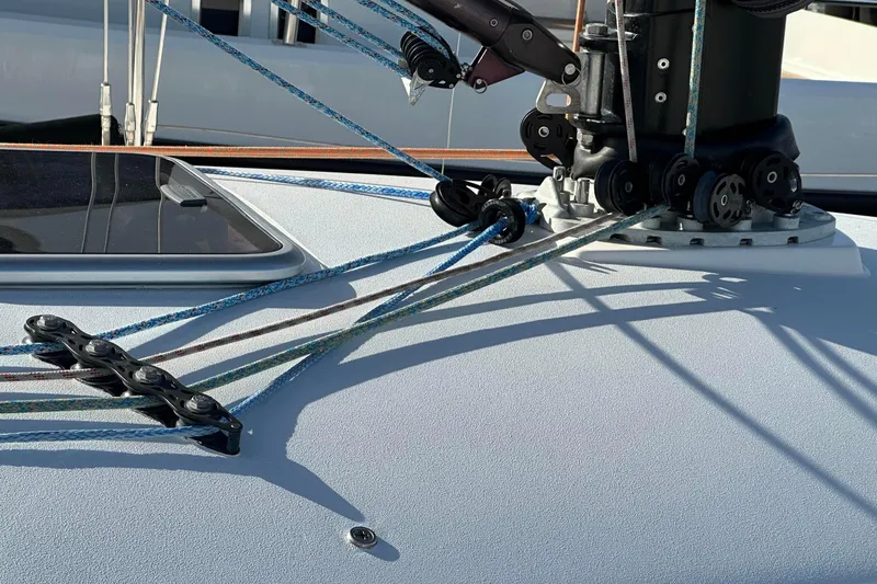 Slide: The Image of Close-up of 2004 J Boats J/109 deck with winch and rigging details. - 21