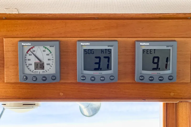 Slide: The Image of Raymarine instruments on 1987 Grand Banks 46 Classic displaying wind, speed, and depth readings. - 31