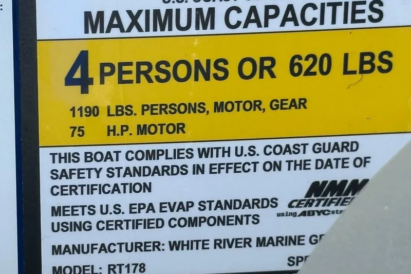 Slide: The Image of 2026 Ranger RT178 boat capacity label, 4 persons or 620 lbs, 75 HP motor compliance. - 10