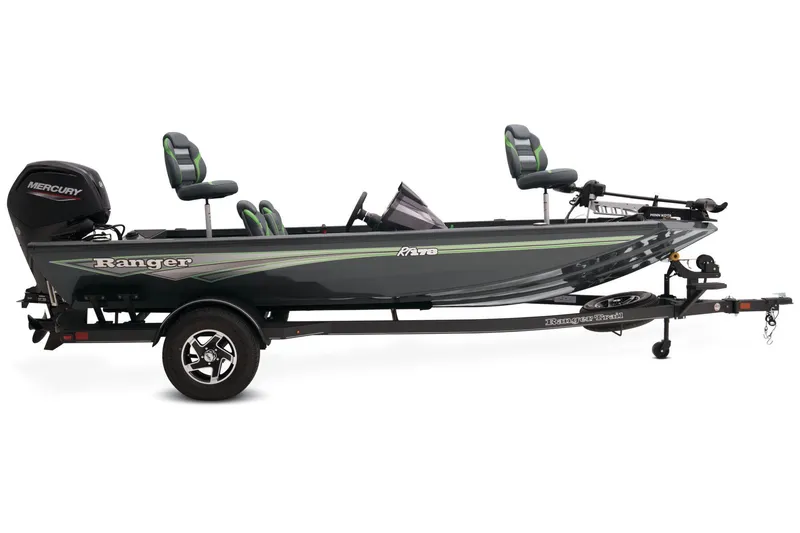 Slide: The Image of Manufacturer Provided Image: Manufacturer Provided Image: 2025 Ranger RT178 fishing boat on trailer, side view, with Mercury engine. - 28