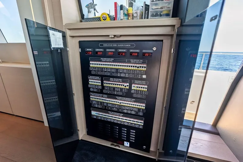 Slide: The Image of Electrical panel on 2022 Custom Line Navetta 33 yacht, showcasing circuit breakers and controls. - 48