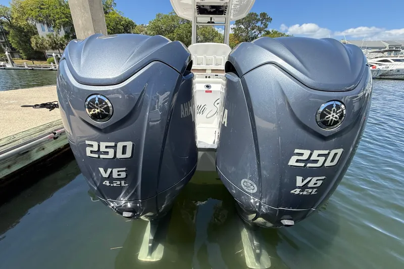 Slide: The Image of Twin Yamaha 250 V6 outboard engines on a 2025 Tidewater 272 CC Adventure boat. - 47