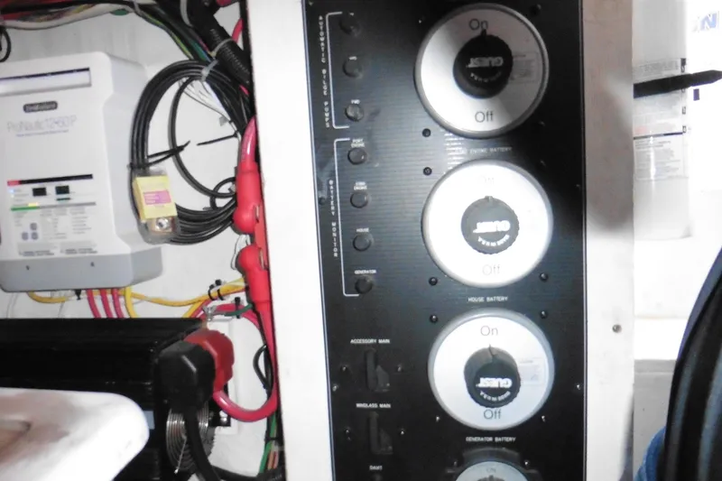 Slide: The Image of Electrical panel and wiring inside a 2000 Bayliner 3988 Command Bridge Motoryacht. - 28