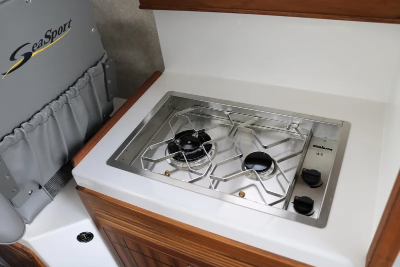 Slide: The Image of SeaSport Aleutian 2600 (2026) boat interior with Dickinson stove and seating. - 13