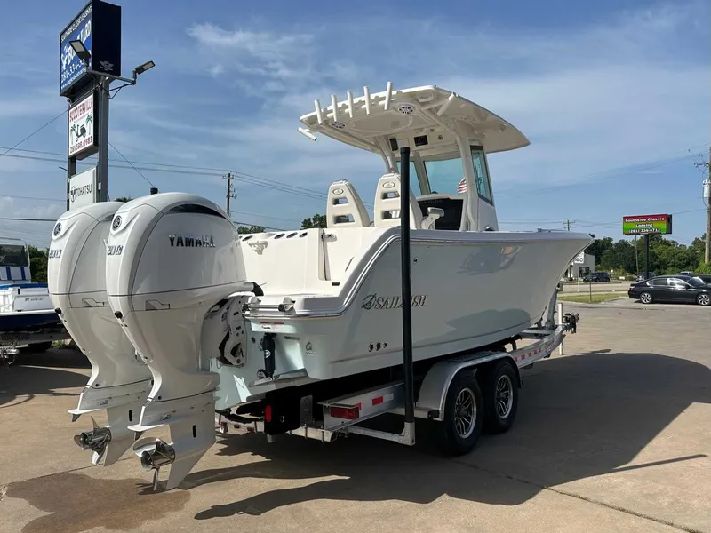 Slide: The Image of Sailfish 272 CC 2026 boat with Yamaha engines on trailer. - 13
