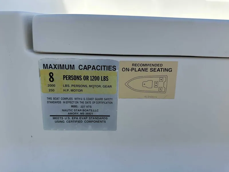 Slide: The Image of Capacity label for NauticStar 227XTS boat, 8 persons or 1200 lbs. - 23