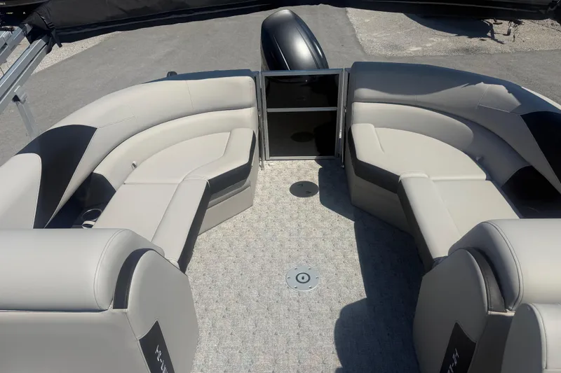 Slide: The Image of 2026 Trifecta 22 LE RF LE 2.75 pontoon boat interior with plush seating. - 10