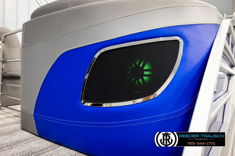 Slide: The Image of 2025 Bennington LTFBSE boat with blue panel and illuminated speaker detail. - 45