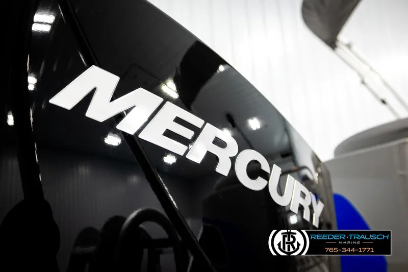 Slide: The Image of Close-up of Mercury engine on 2025 Bennington LTFBSE boat at Reeder-Trausch Marine. - 47