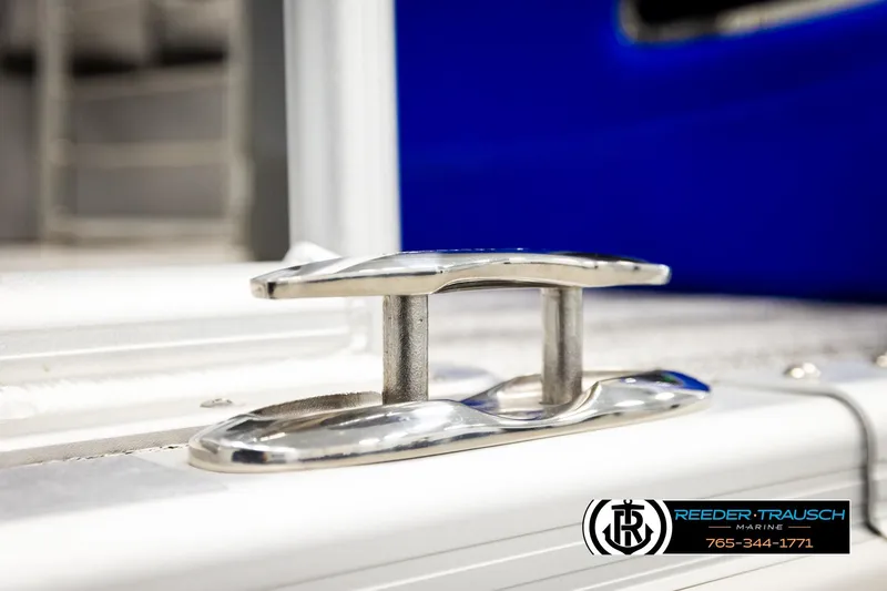 Slide: The Image of Close-up of a 2025 Bennington LTFBSE boat cleat, featuring sleek metallic design. - 56