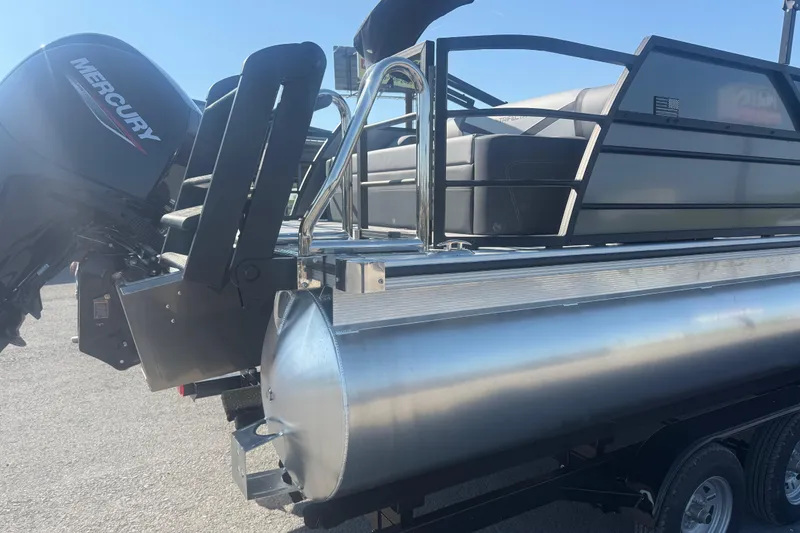 Slide: The Image of 2026 Trifecta 22ULCS pontoon boat with Mercury engine, sleek design, and modern features. - 7