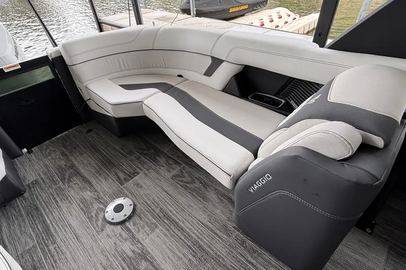 Slide: The Image of Luxurious seating in 2026 Viaggio D26U boat with elegant design and waterfront view. - 17