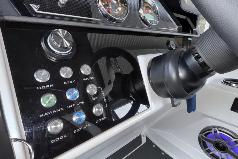 Slide: The Image of Control panel of 2026 Viaggio D26U boat with buttons and steering wheel. - 23