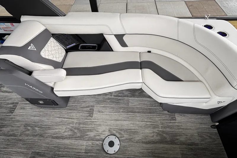 Slide: The Image of Luxurious Viaggio D26U 2026 boat seating with elegant white and gray upholstery. - 30