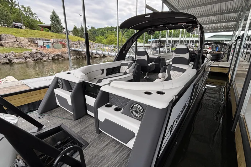 Slide: The Image of Luxurious 2026 Viaggio D26U boat docked, featuring sleek design and comfortable seating. - 47