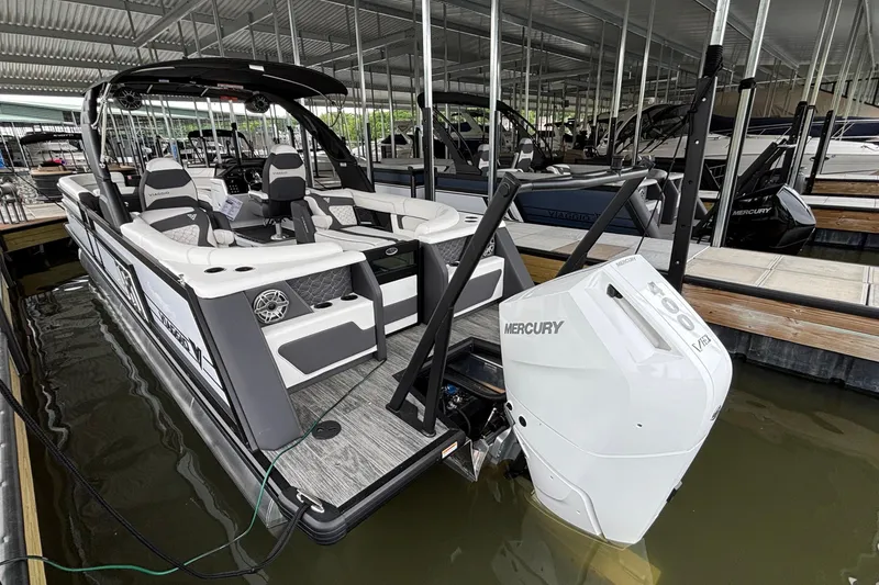 Slide: The Image of 2026 Viaggio D26U boat with Mercury engine docked in marina. - 48