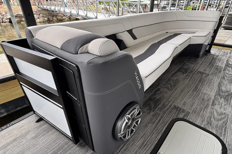 Slide: The Image of Luxurious Viaggio D26U 2026 boat interior with sleek seating and modern design elements. - 9