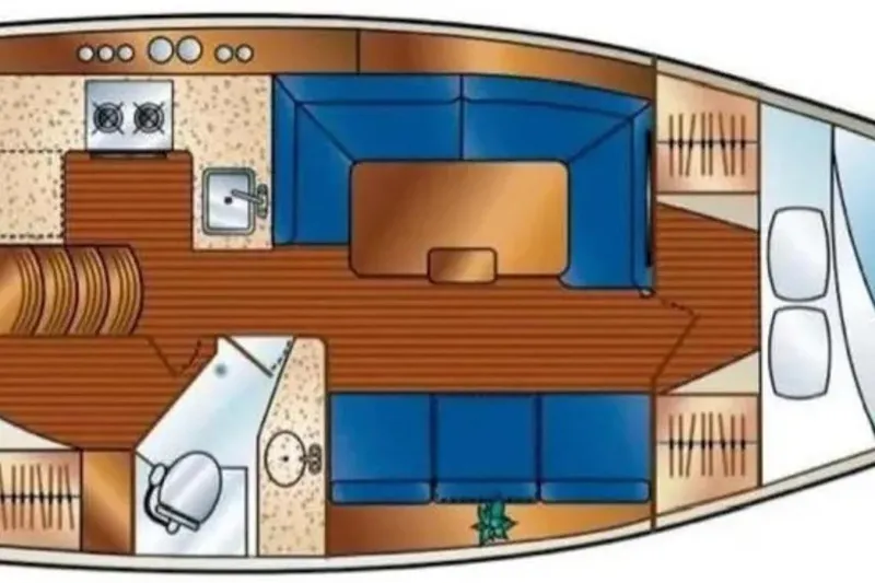 Slide: The Image of Floor plan of a 2014 Marlow-Hunter 33 sailboat, featuring kitchen, seating, and bathroom areas. - 39