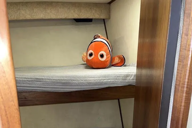 Slide: The Image of Plush clownfish toy on a bed inside a 1989 Topaz 44 Sportfisherman boat cabin. - 26