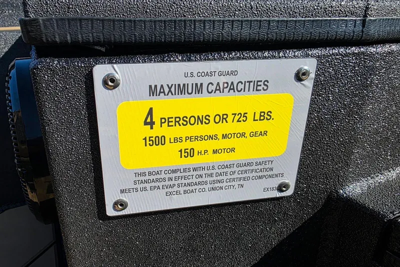 Slide: The Image of Boat capacity label for Excel EX 183, 2026 model, showing weight and passenger limits. - 33