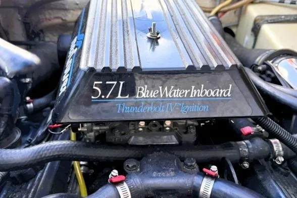 Slide: The Image of 5.7L Blue Water Inboard engine with Thunderbolt IV Ignition in 1991 Bertram 28 boat. - 18