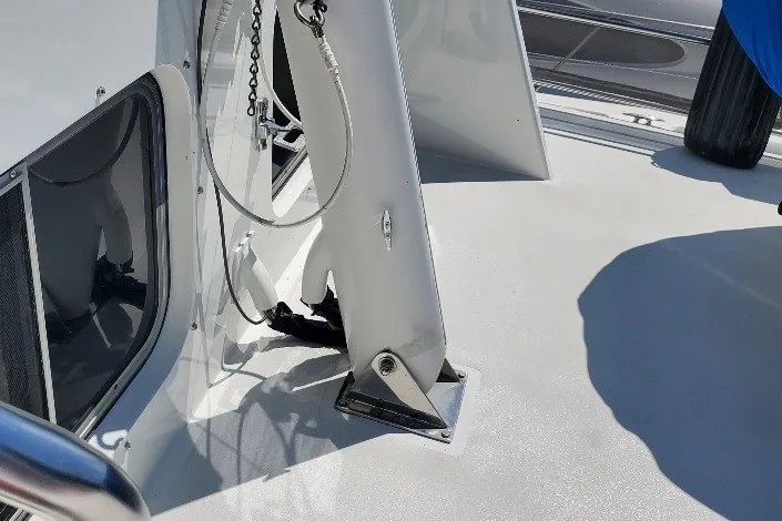 Slide: The Image of Deck of 1990 Hans Christian Independance yacht with anchor chain and fittings. - 23