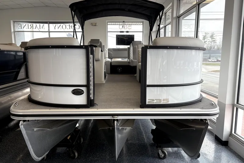 Slide: The Image of 2026 Crest 235 SLSC CONQUEST pontoon boat in showroom. - 5
