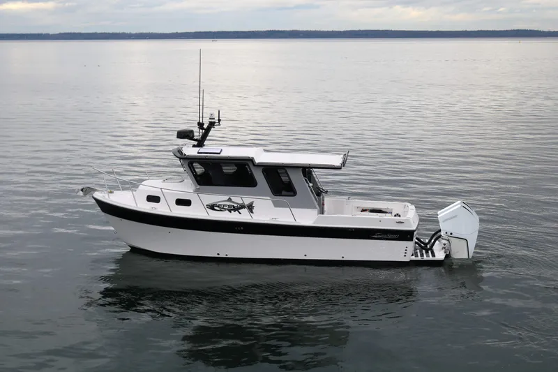 Slide: The Image of 2026 SeaSport Offshore 3000 boat on calm water, showcasing sleek design and modern features. - 3