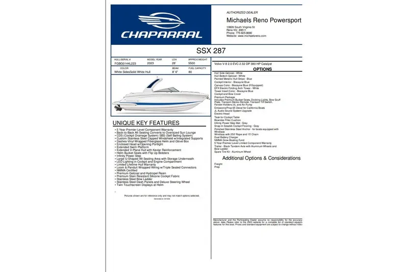 Slide: The Image of 2023 Chaparral 287 SSX boat features and specifications sheet. - 11