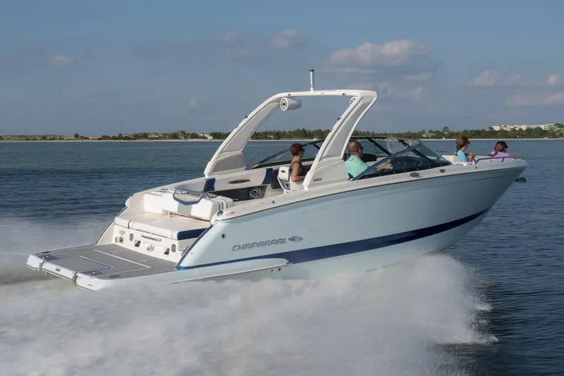 Slide: The Image of Manufacturer Provided Image: 2023 Chaparral 287 SSX speedboat cruising on open water. - 13