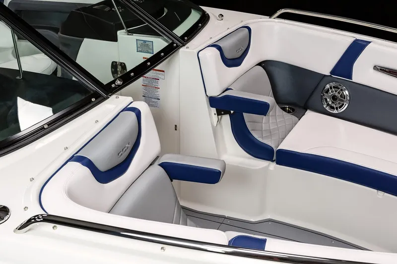 Slide: The Image of Manufacturer Provided Image: 2023 Chaparral 287 SSX boat interior with white and blue seating. - 23