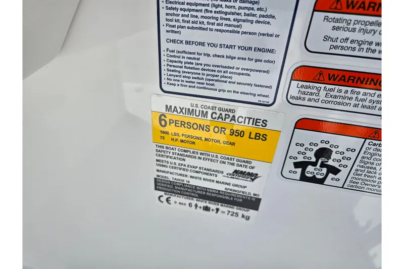 Slide: The Image of 2024 Tahoe T16 capacity label: 6 persons or 950 lbs, 75 HP motor limit. - 12
